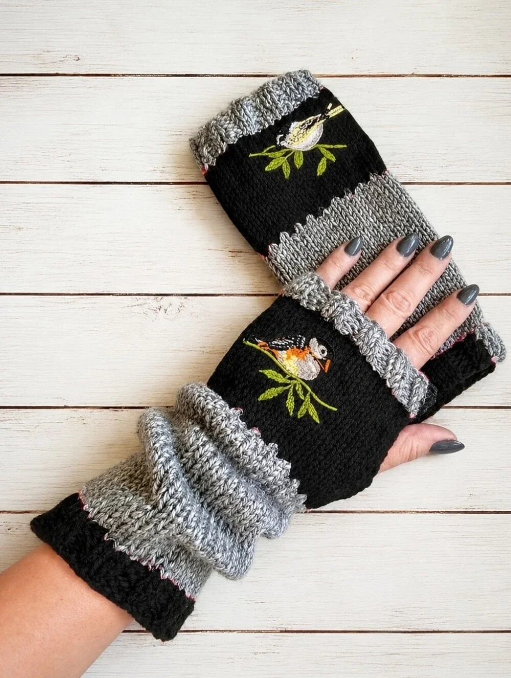 Fingerless Gloves Thumb Holes Black &  Gray Grey Embroidered Birds Mittens NEW
